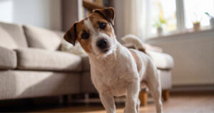 jack russell terrier dog looking at the camera while tilting its head at home